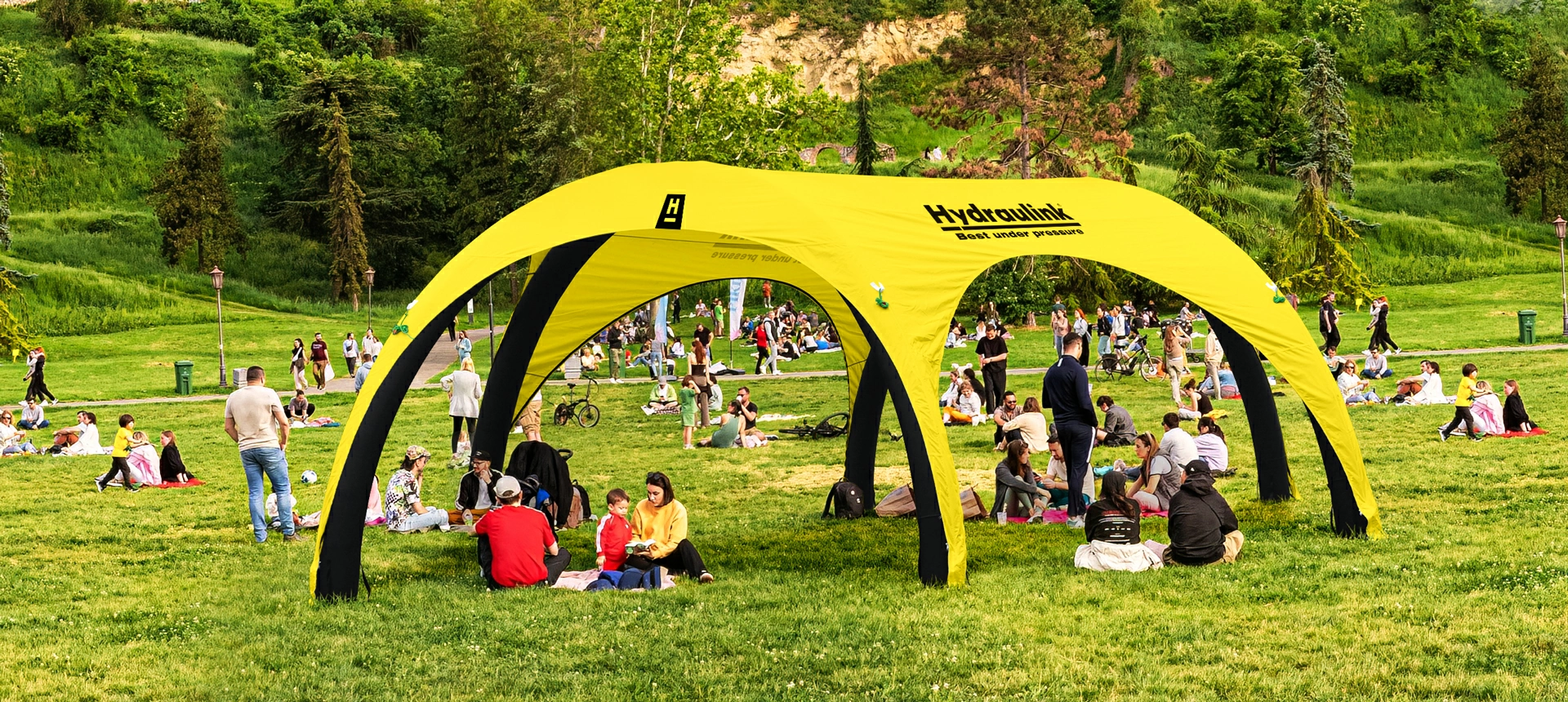 Extended inflatable tent in outdoor park